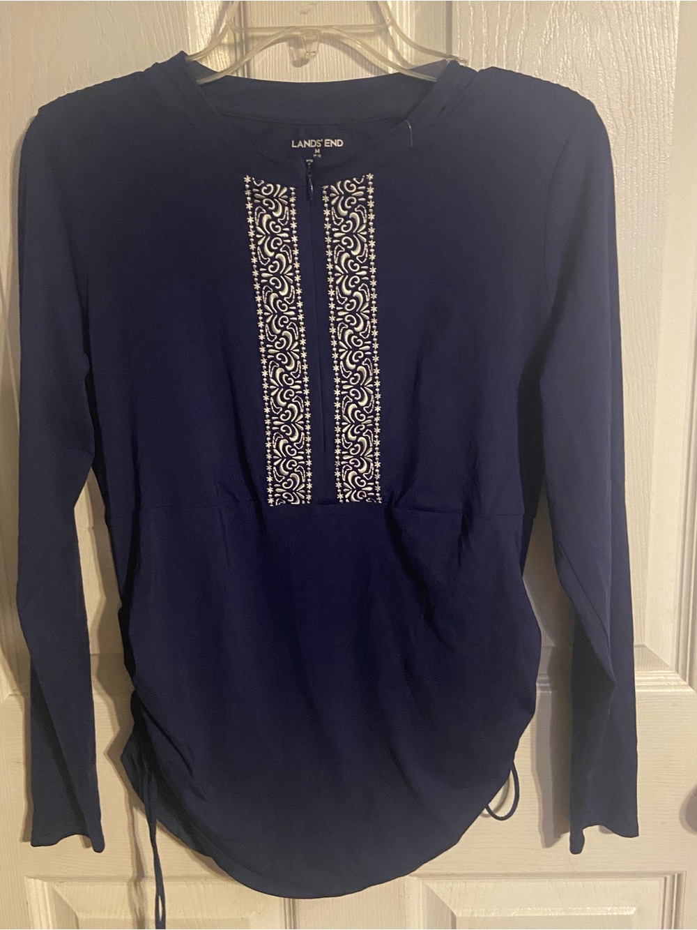 EUC Lands End Long Sleeve UV Protection Swim Top Sz M (10-12) Navy W/white Embro